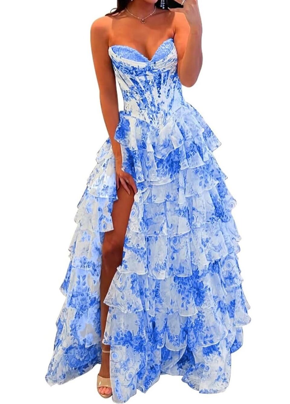Fairy tiered ruffle corset Floral formal maxi Dress Sz 2 Prom Special occasion